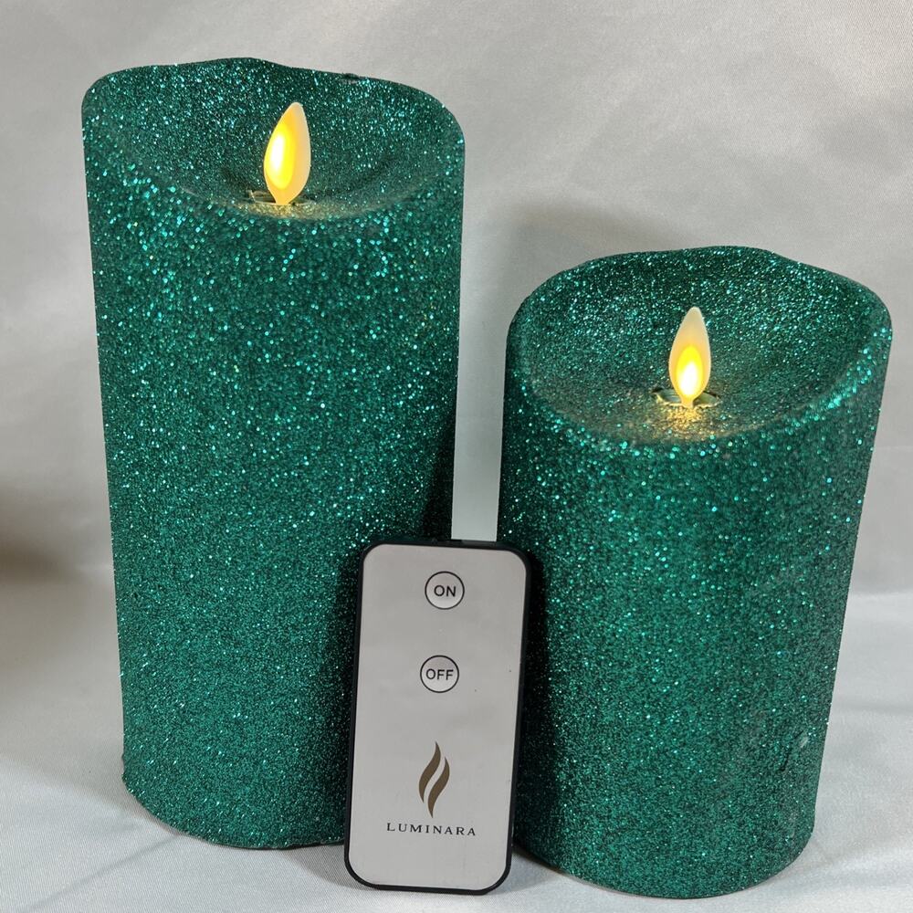 Lot of 2 Luminara Real Flameless Candles Pillar Glitter Teal Green Remote Candle